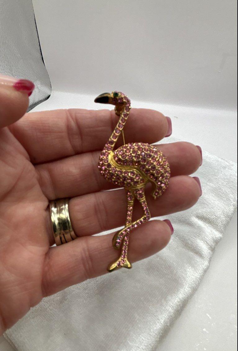 Vintage Gold Tone Pink Rhinestone Flamingo Brooch 3.25 Inch