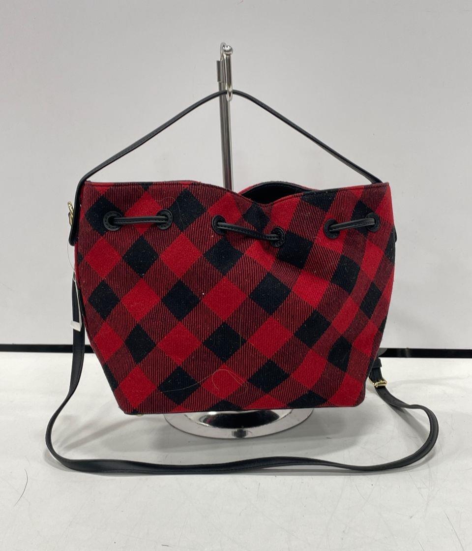 Parfois Womens Shoulder Bag Red Black Plaid Check Pattern Fabric Drawstring