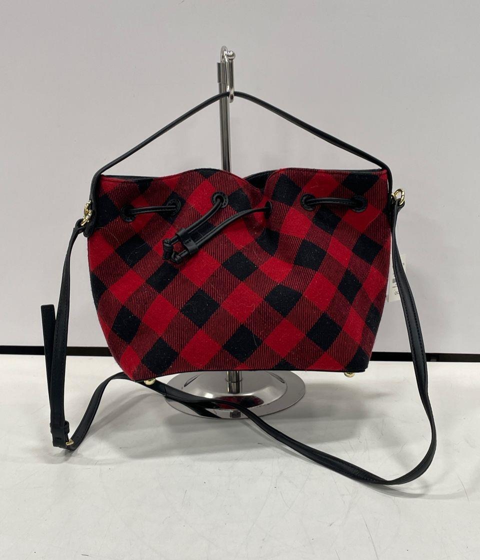 Parfois Womens Shoulder Bag Red Black Plaid Check Pattern Fabric Drawstring