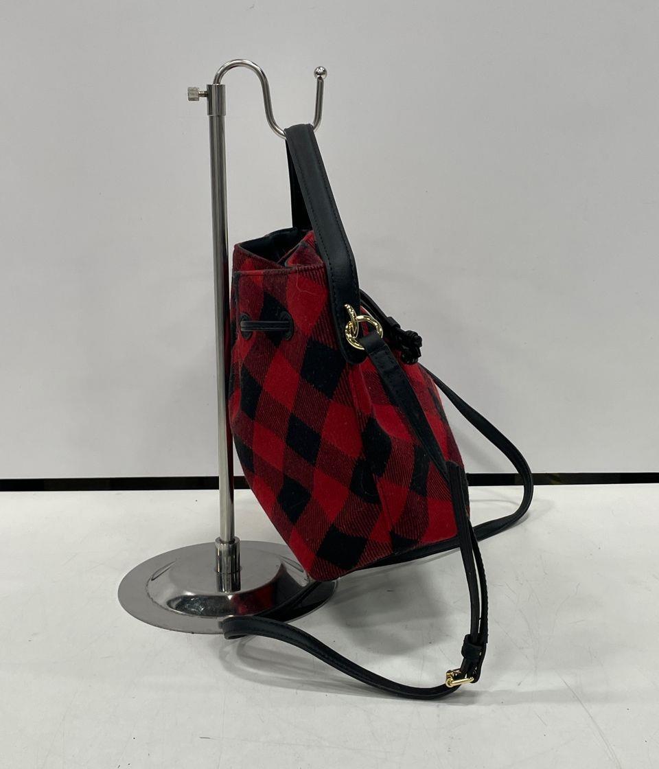 Parfois Womens Shoulder Bag Red Black Plaid Check Pattern Fabric Drawstring