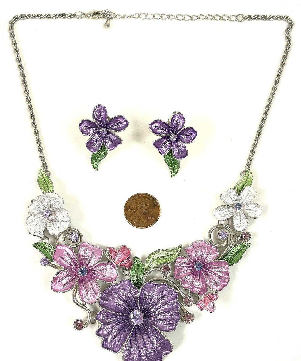 Silver-Tone Pink & Purple Floral Necklace and Clip-On Earrings Set