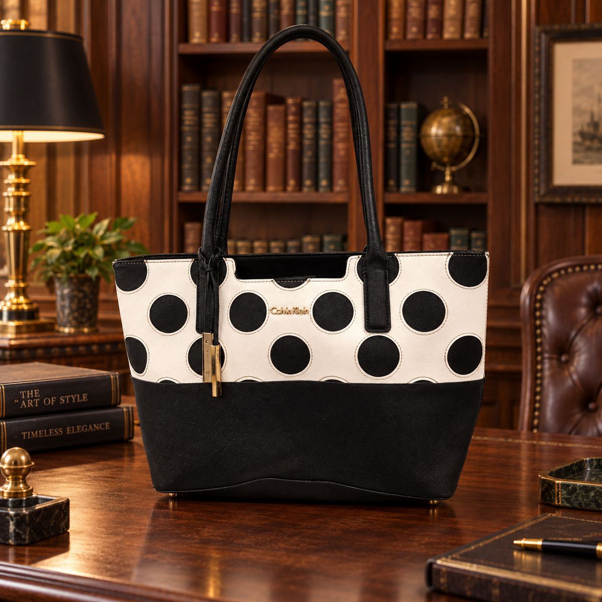 Calvin Klein black and white polka dot saffiano tote with gold-tone plaque