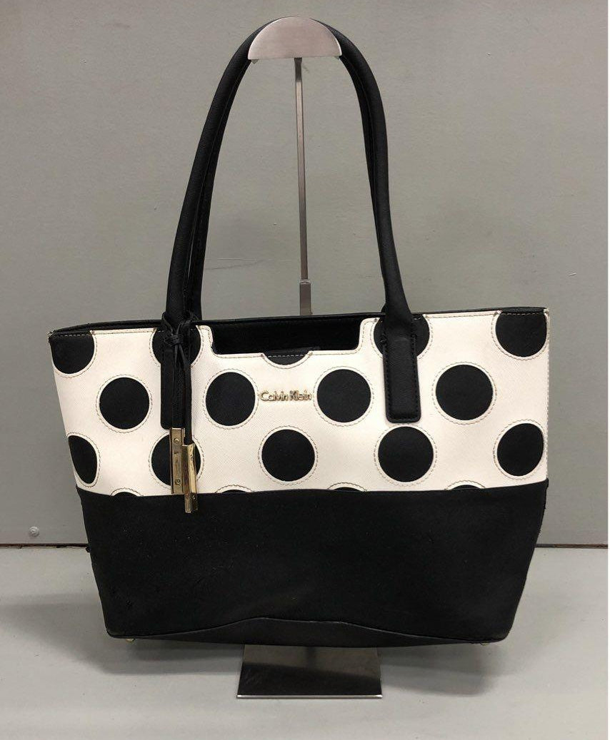Calvin Klein black and white polka dot saffiano tote with gold-tone plaque, view 2