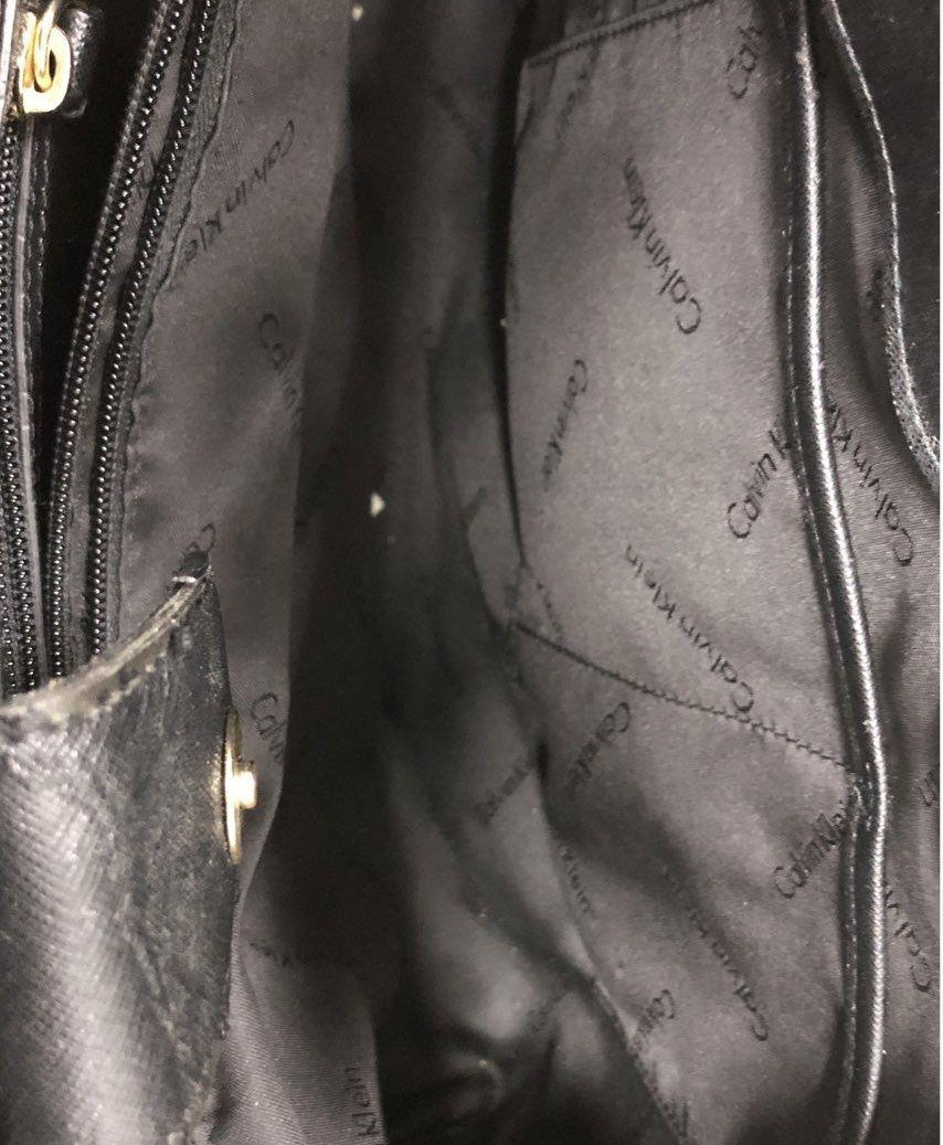 Calvin Klein black and white polka dot saffiano tote with gold-tone plaque, view 5