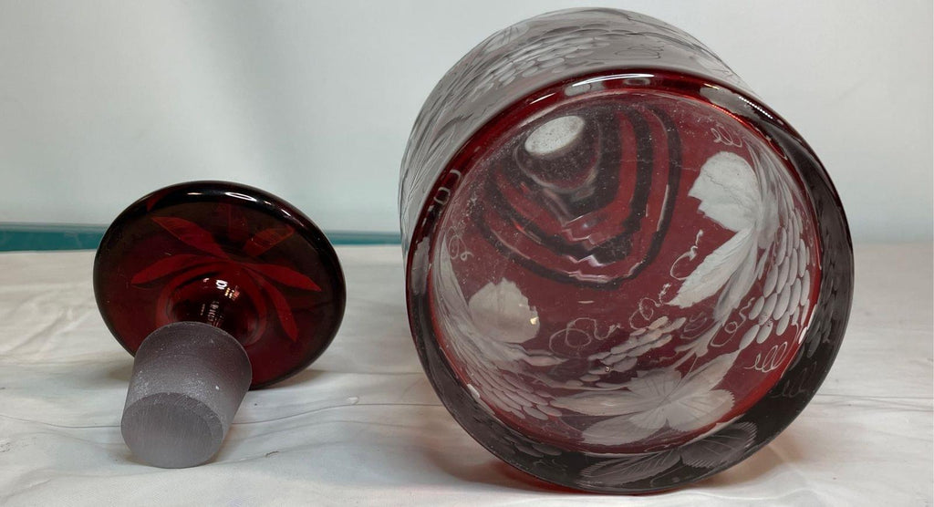 Vintage Egermann Bohemian Cut to Clear Ruby Red Frosted Glass Decanter