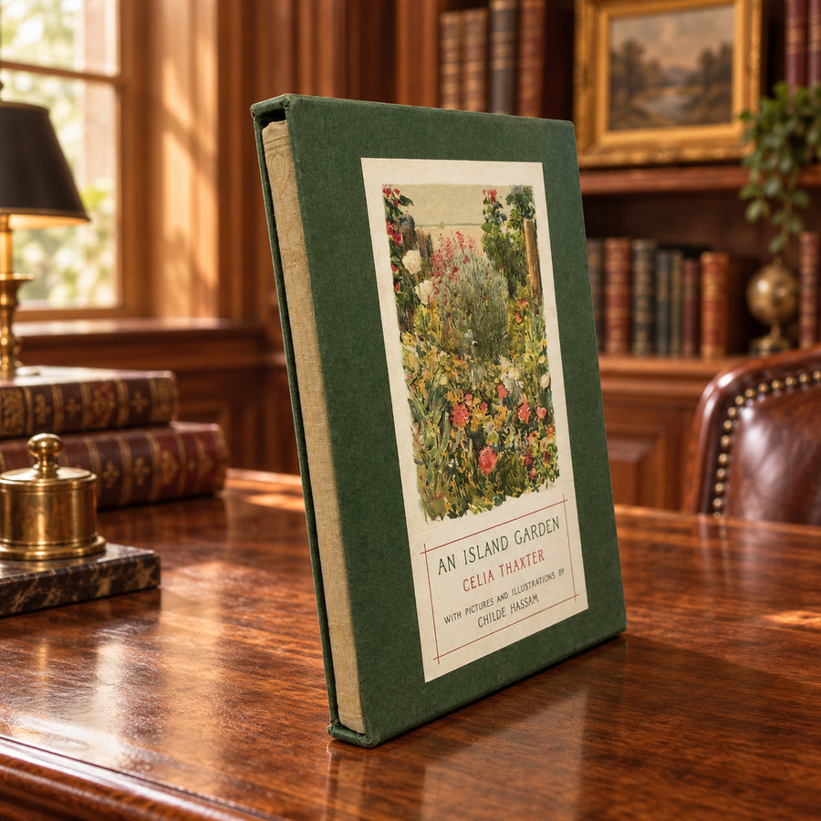 An Island Garden by Celia Thaxter, Childe Hassam illustrated green cloth edition with floral slipcase