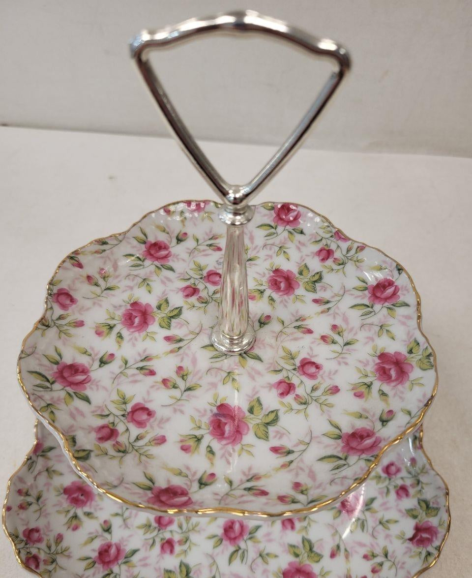 Lefton two-tier serving stand with scalloped pink rose porcelain plates, gold trim and silver-tone handle, view 3