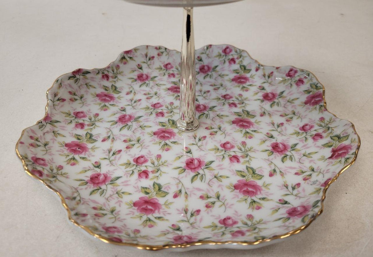 Lefton Pink Rose Porcelain Two-Tier Serving Stand with Gold Trim