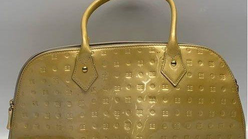 Arcadia lemon yellow embossed patent leather top handle handbag with zip top, view 2