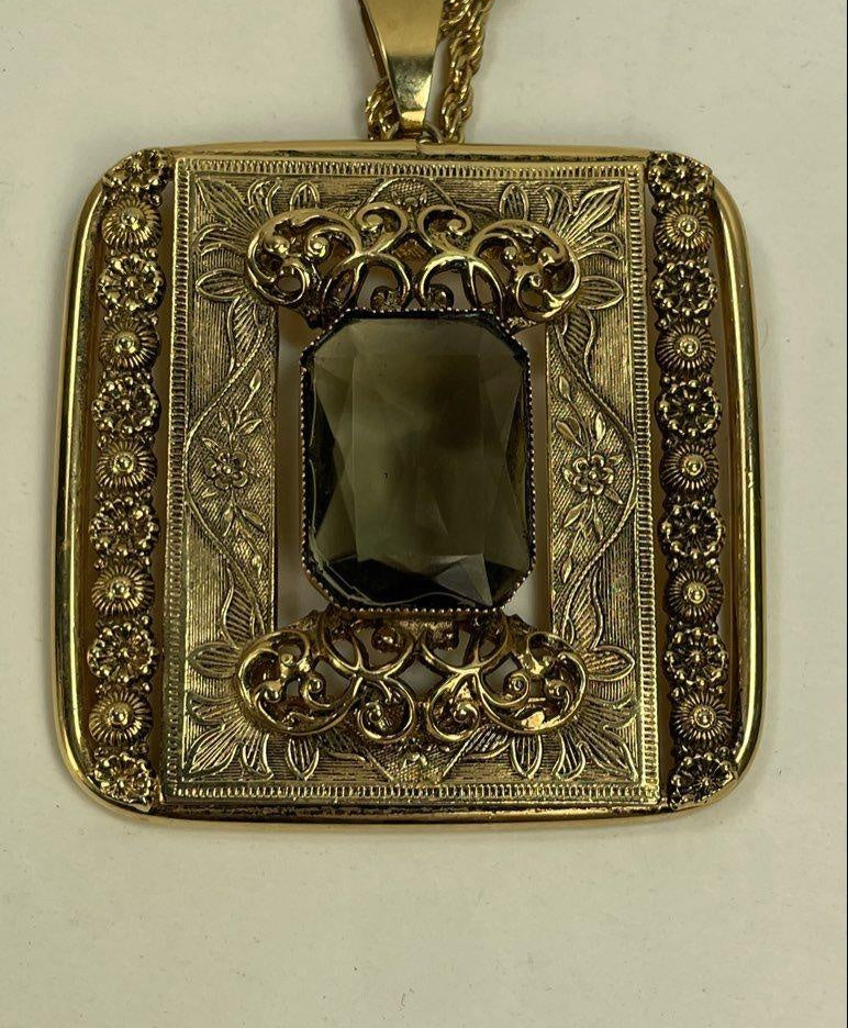 Vintage Gold-Tone Smoky Glass Floral Pendant Necklace 30 Inches