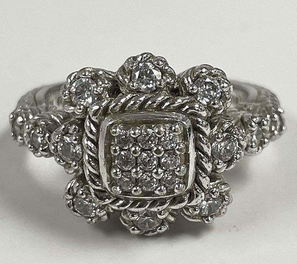 Signed Judith Ripka silver cubic zirconia cluster ring with rope detailing, view 2