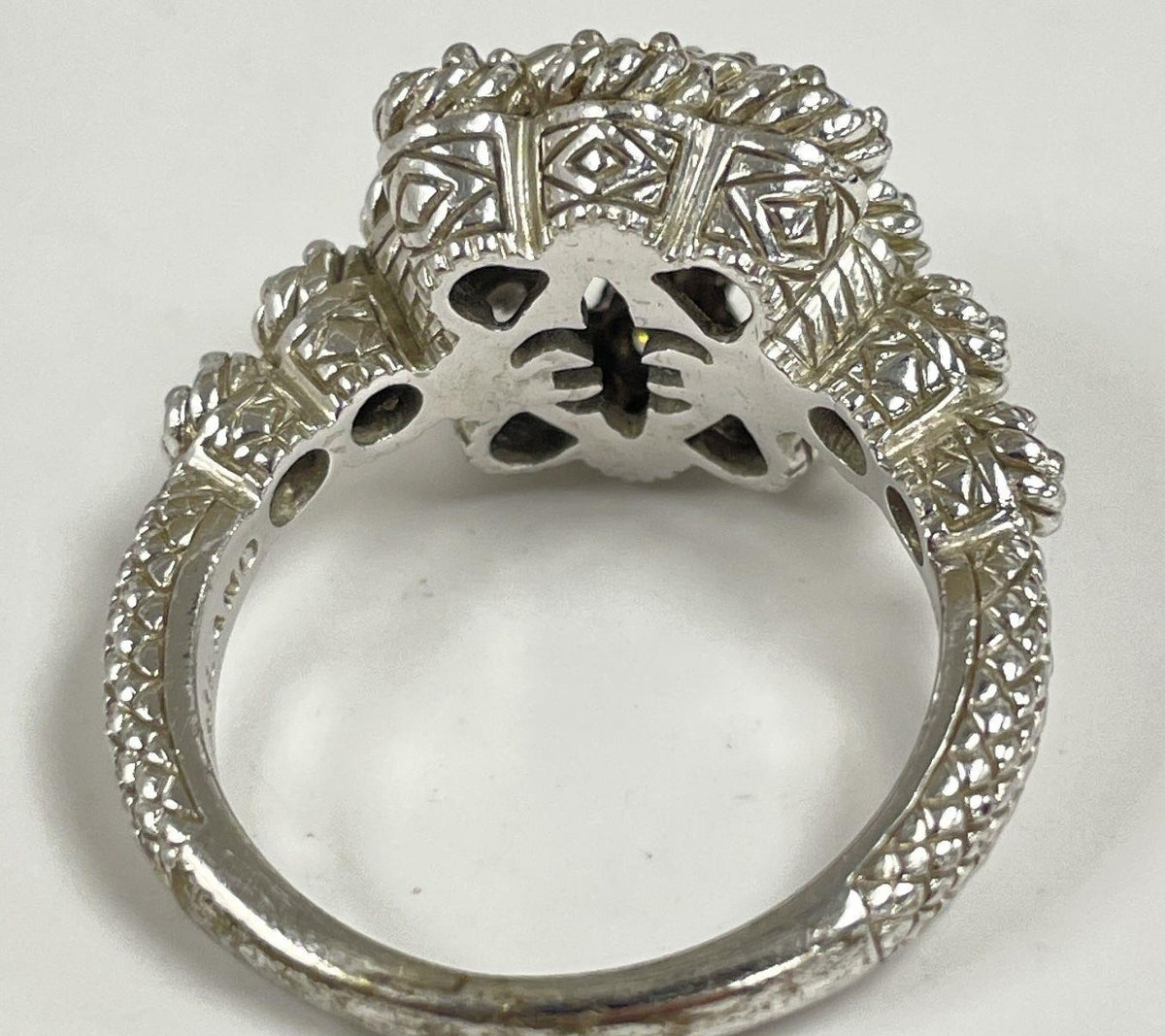 Signed Judith Ripka silver cubic zirconia cluster ring with rope detailing, view 3