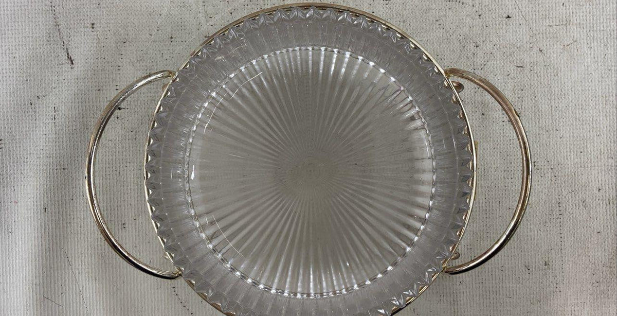 Vintage Ribbed Glass Dish In Serving Tray