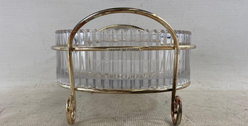 Vintage Ribbed Glass Dish In Serving Tray
