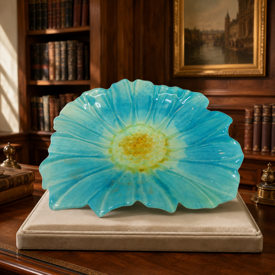 Vintage Unbranded Decorative Blue & Yellow Flower Art Glass Dish