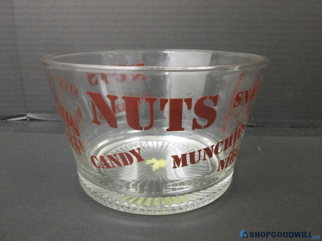 Clear Glass Snack Bowl Red Nuts Candy Chips Lettering
