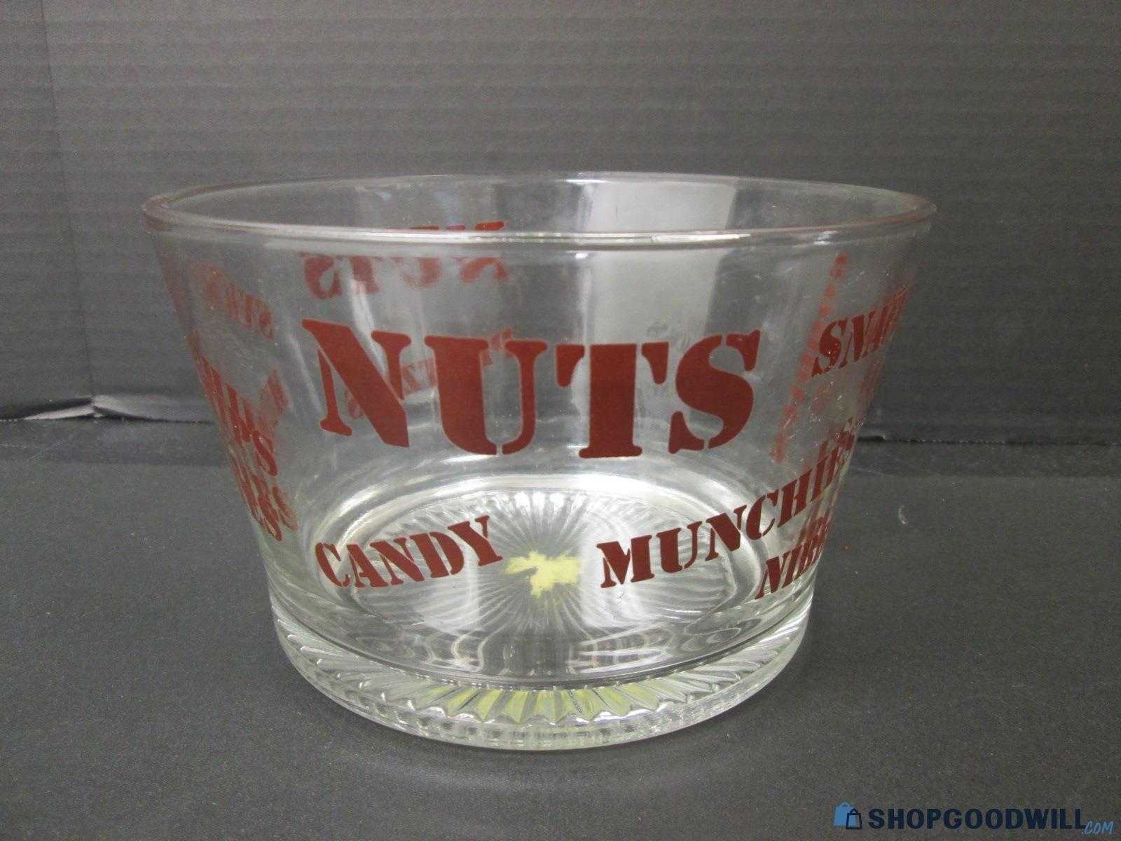 Clear Glass Snack Bowl Red Nuts Candy Chips Lettering