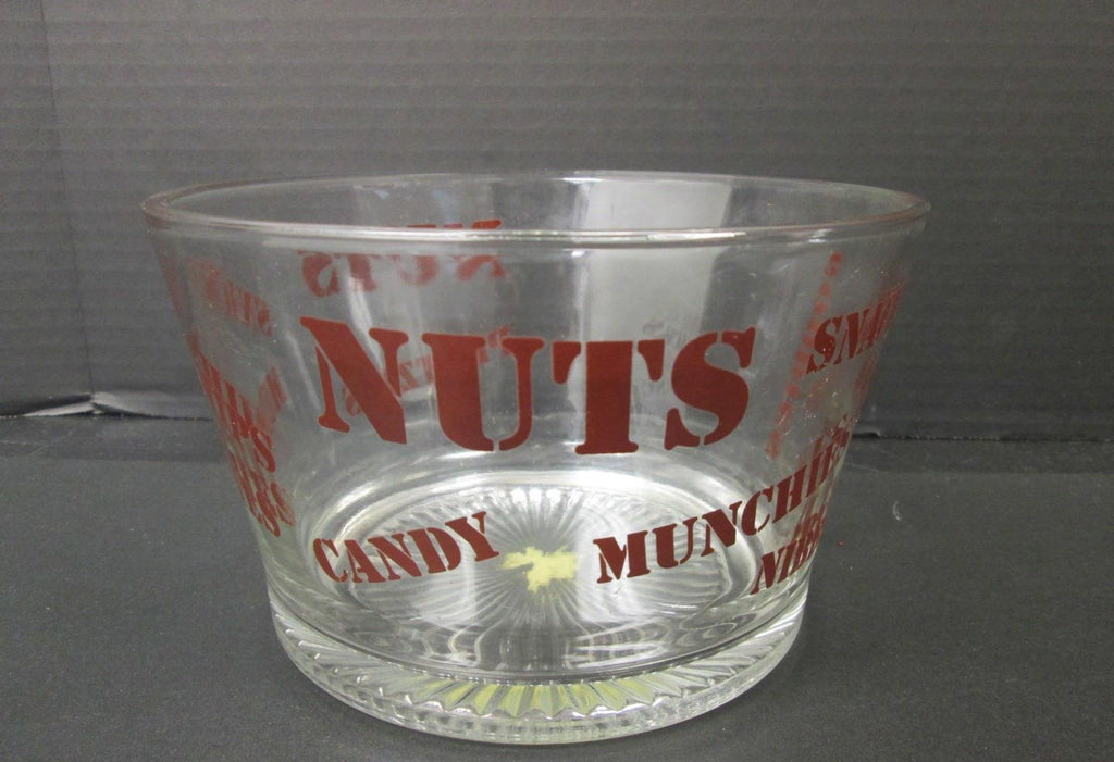 Clear Glass Snack Bowl Red Nuts Candy Chips Lettering