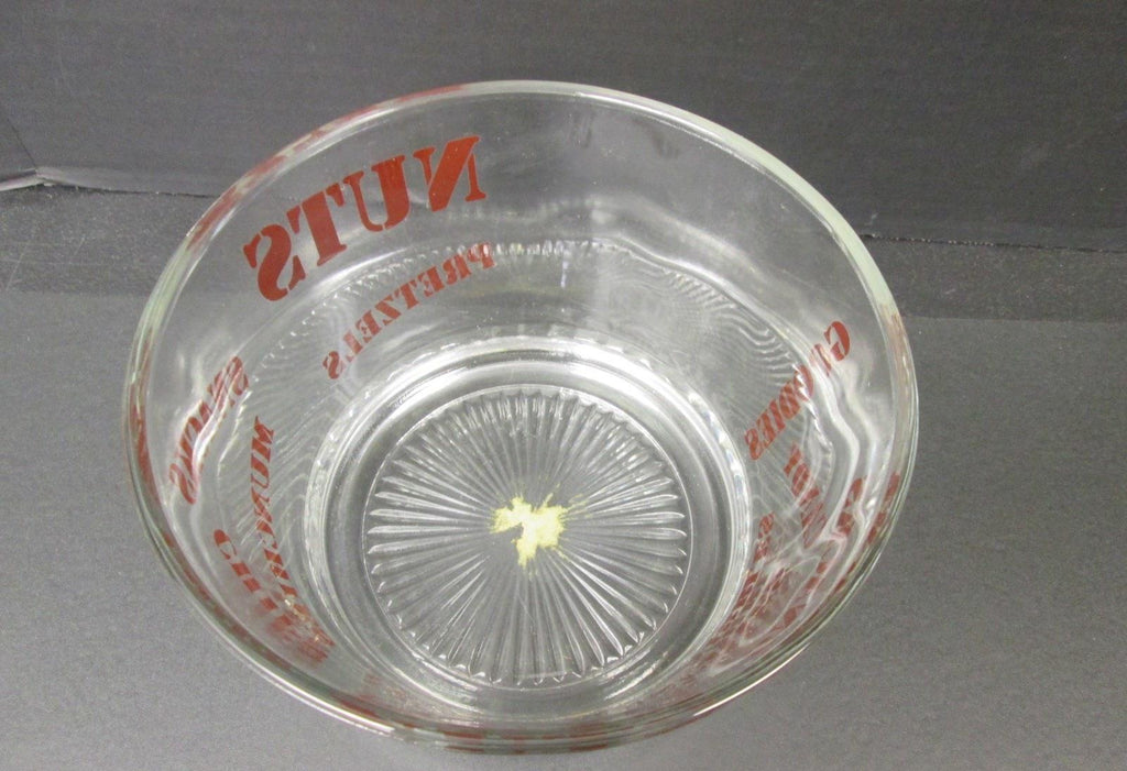 Clear Glass Snack Bowl Red Nuts Candy Chips Lettering