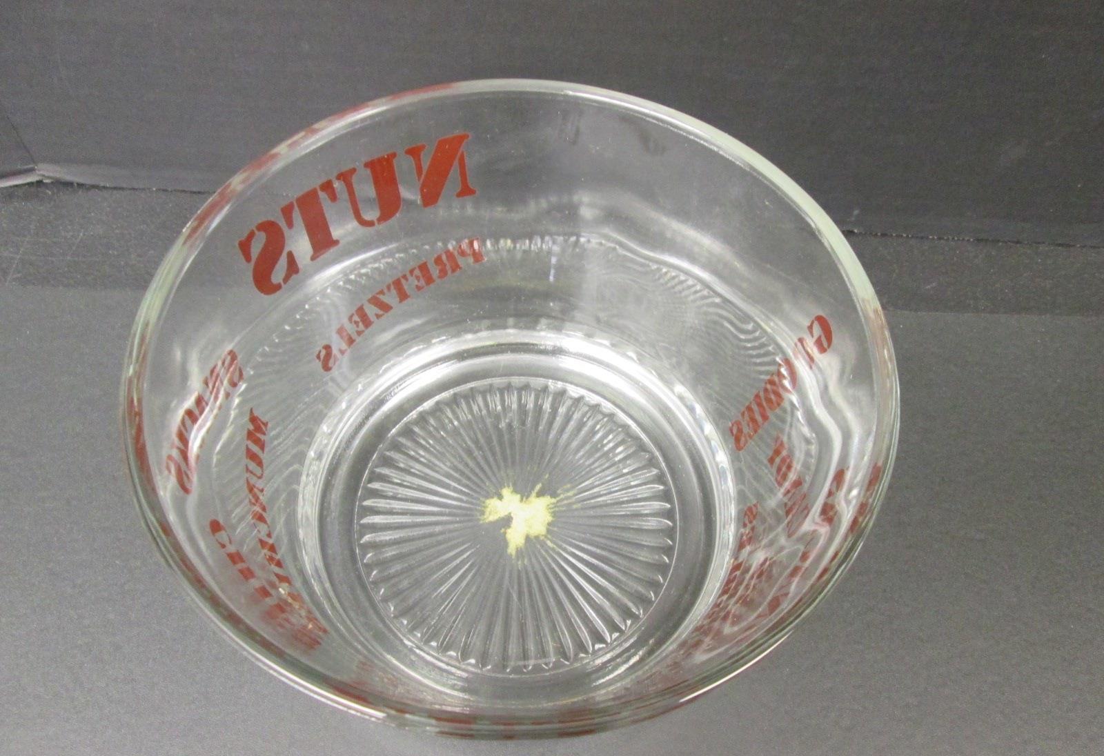 Clear Glass Snack Bowl Red Nuts Candy Chips Lettering