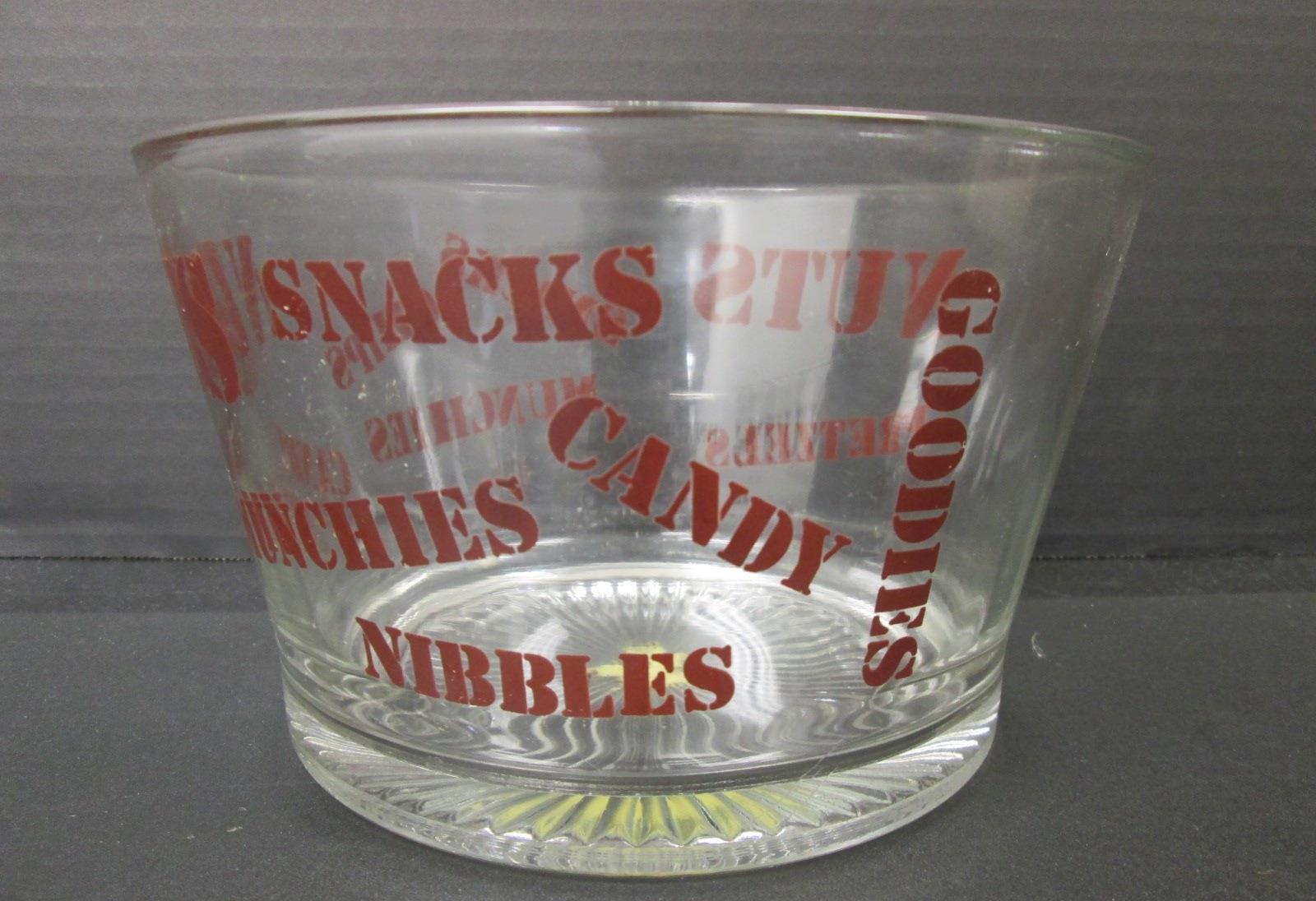 Clear Glass Snack Bowl Red Nuts Candy Chips Lettering