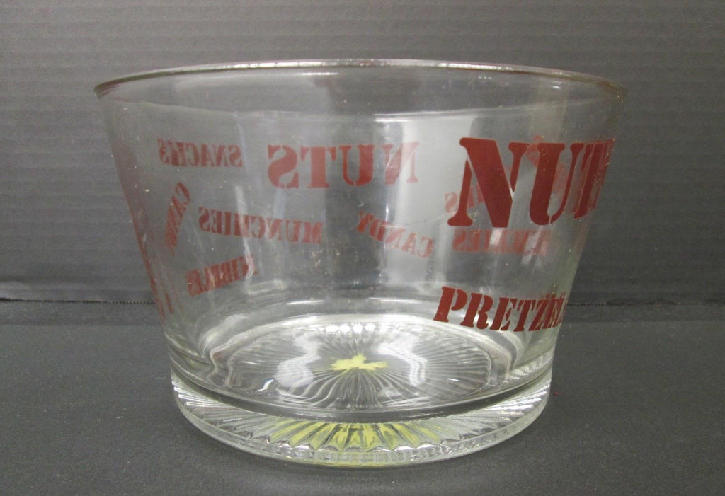 Clear Glass Snack Bowl Red Nuts Candy Chips Lettering
