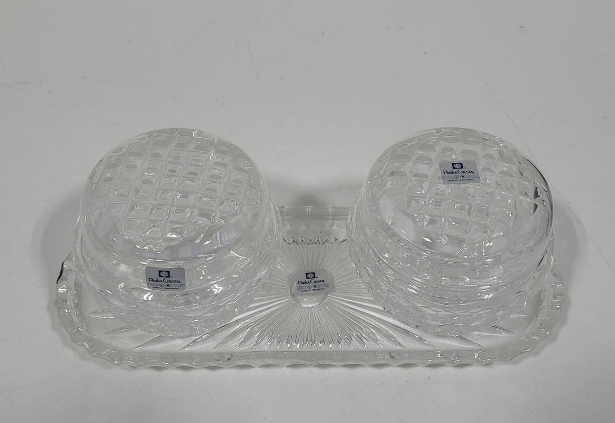Parka Crystal clear cut vanity set with two round lidded jars and a long rectangular tray, view 2