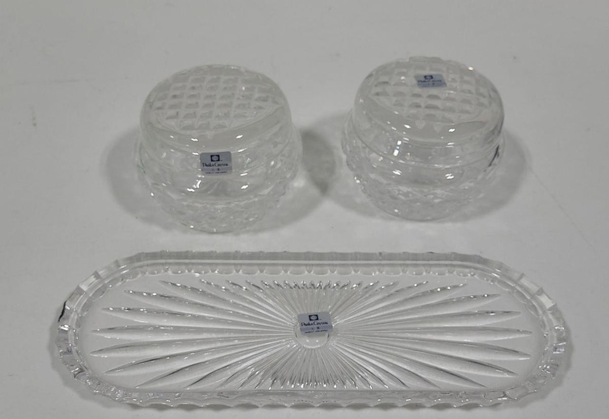 Parka Crystal clear cut vanity set with two round lidded jars and a long rectangular tray, view 3