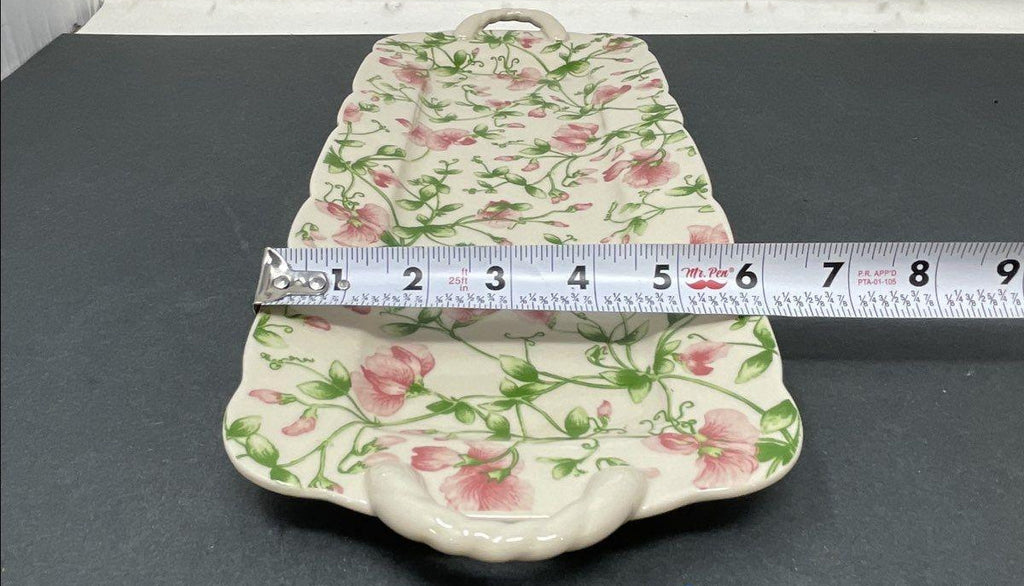 2005 Harry & David Ceramic Serving Tray, Pink Floral Pattern with Handles