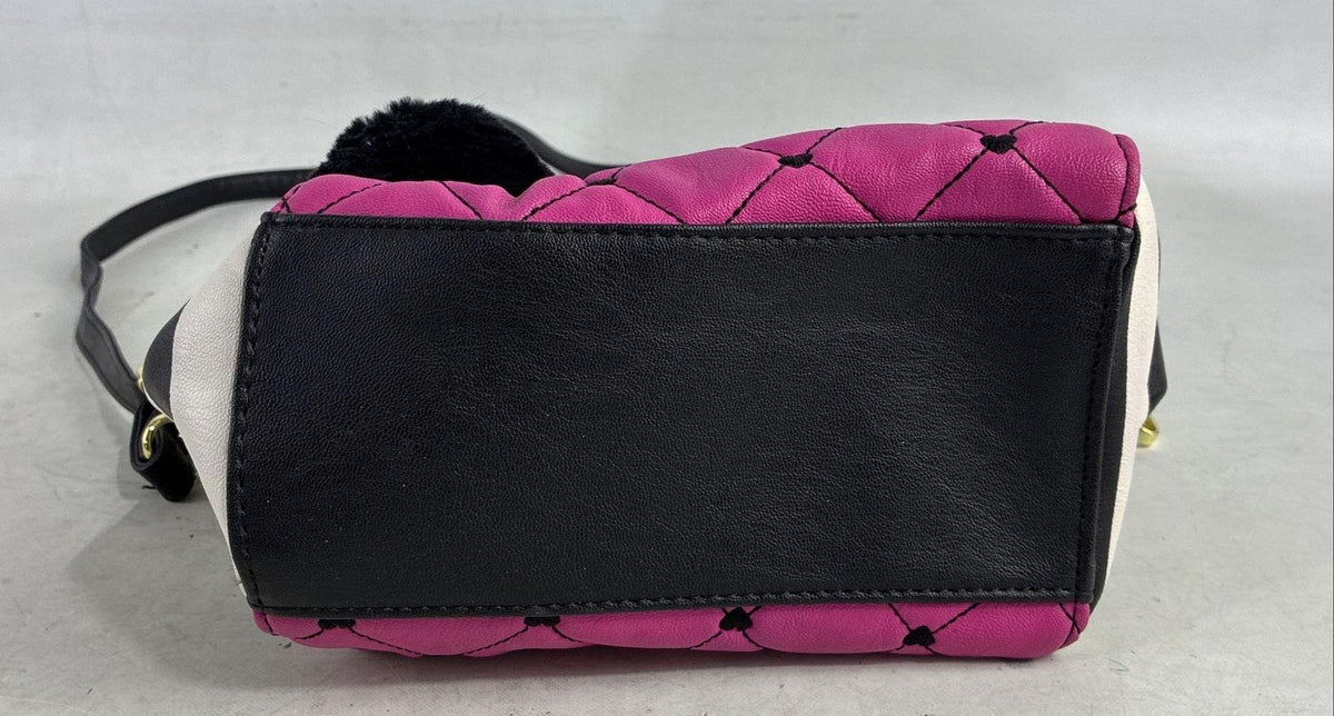 Betsey Johnson magenta quilted heart stitch crossbody bag with striped side panels and pom pom charm, view 7