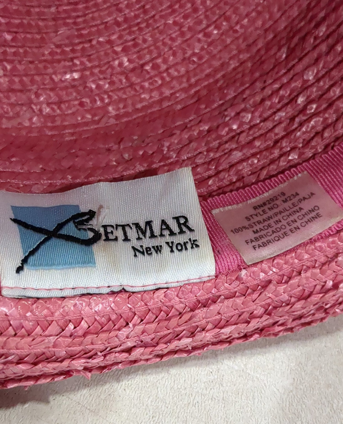 Vintage Betmar Pink Straw Hat Rose Bow 100% Straw Women's L124 New York