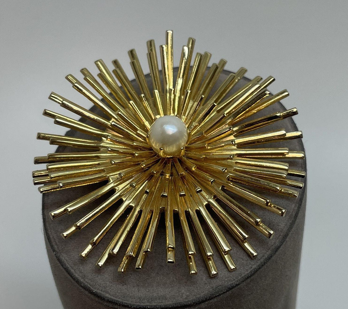 Gold-tone layered sunburst brooch with faux pearl center, view 2