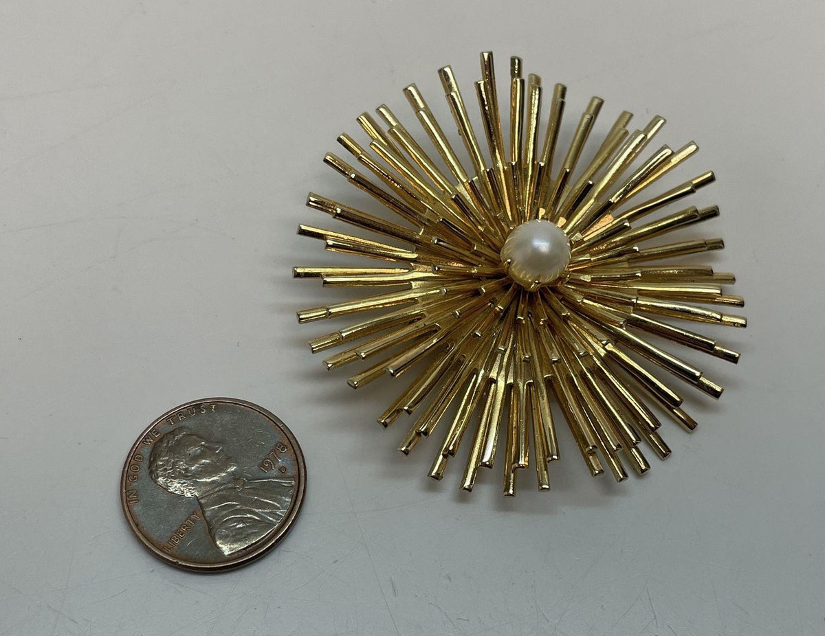 Gold-tone layered sunburst brooch with faux pearl center, view 3