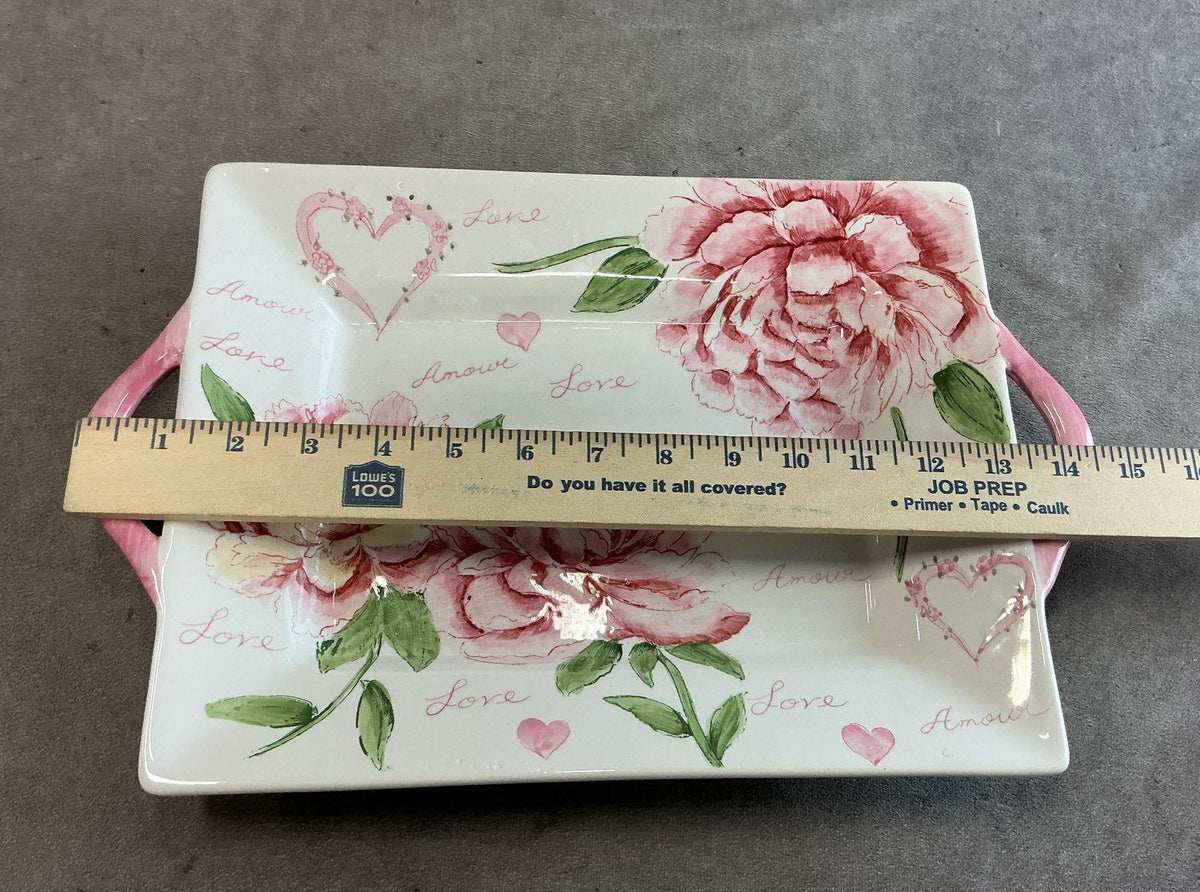 White porcelain serving tray with pink handles, painted peonies, hearts and Love and Amour script, view 4