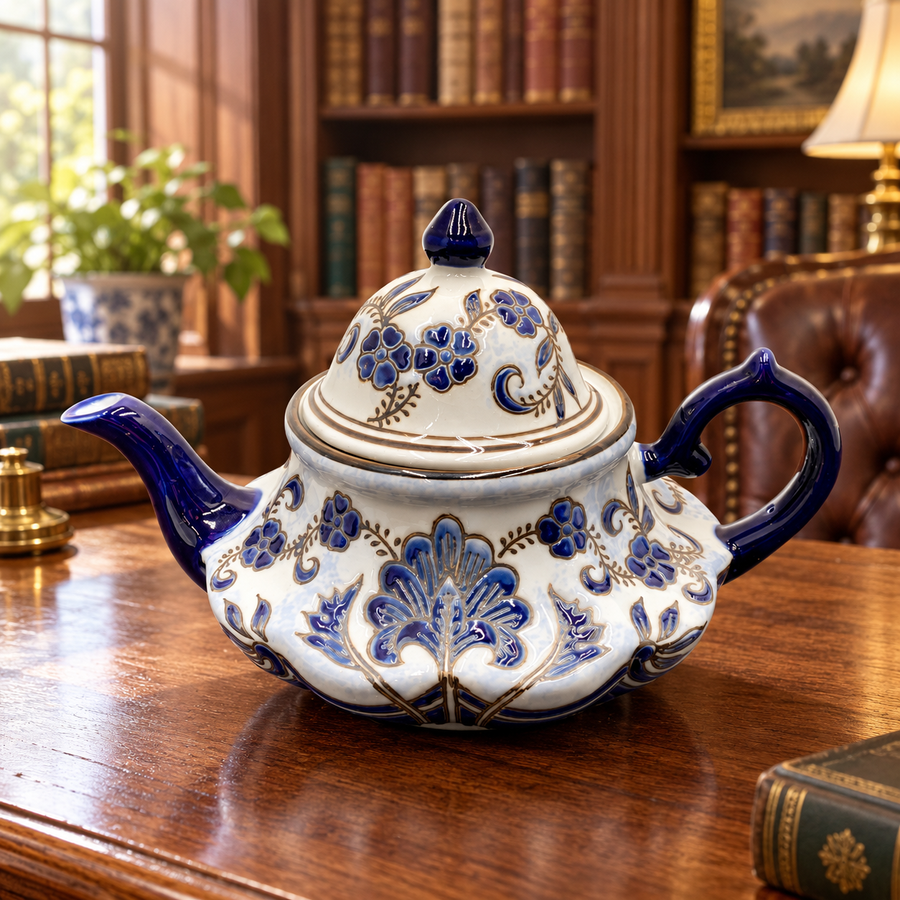 Vintage Cobalt Blue and White Floral Ceramic Teapot