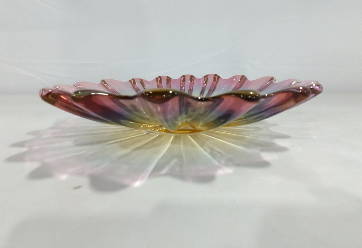 Iridescent glass bowl with radiating starburst rays and ruffled rim, view 5