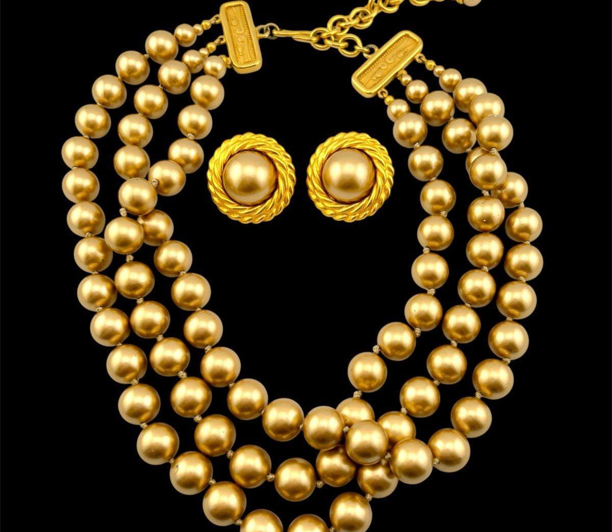 Carolee matte gold-tone triple-strand knotted bead necklace with matching round clip earrings, view 2
