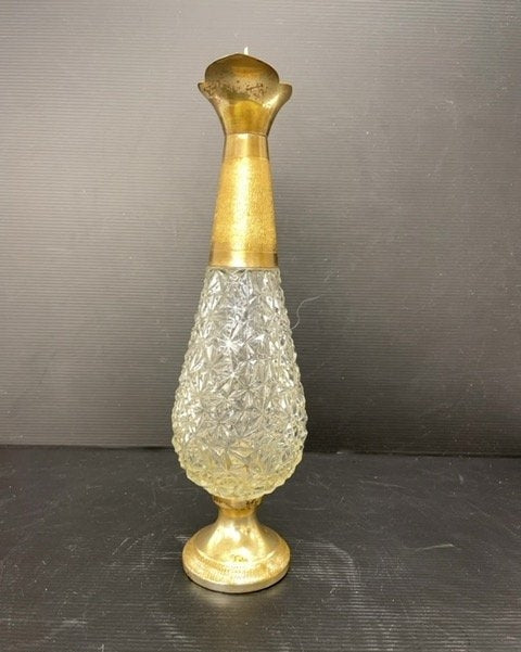 Vintage Cut Glass Ewer Gold Tone Metal Base and Handle 13 Inch