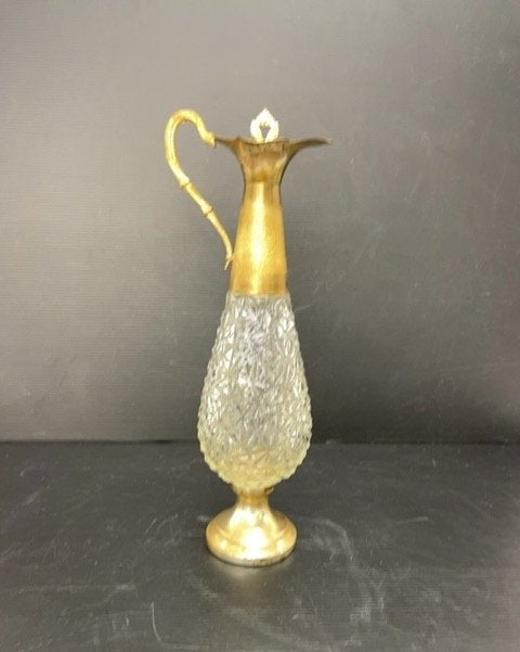 Vintage Cut Glass Ewer Gold Tone Metal Base and Handle 13 Inch