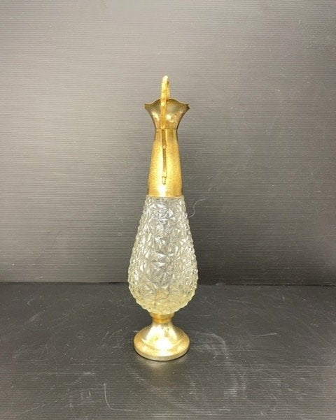 Vintage Cut Glass Ewer Gold Tone Metal Base and Handle 13 Inch