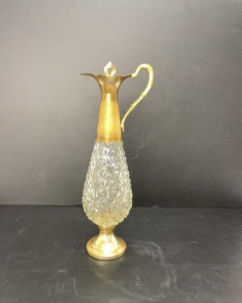 Vintage Cut Glass Ewer Gold Tone Metal Base and Handle 13 Inch