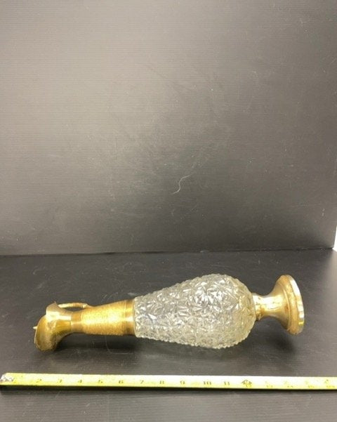 Vintage Cut Glass Ewer Gold Tone Metal Base and Handle 13 Inch