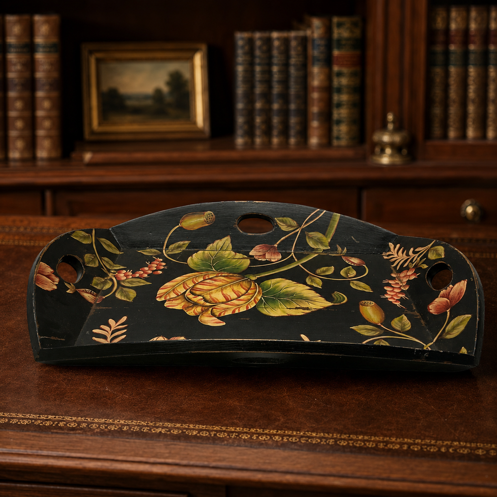 Black Floral Toleware Wooden Gallery Serving Tray