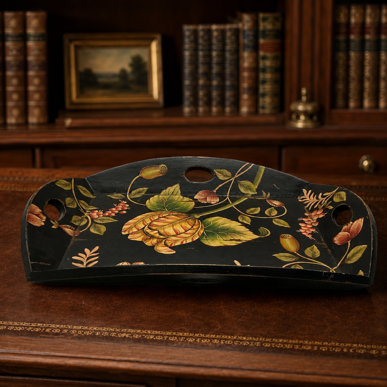Black Floral Toleware Wooden Gallery Serving Tray