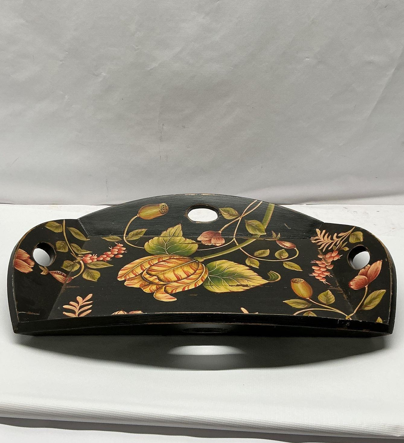 Black Floral Toleware Wooden Gallery Serving Tray