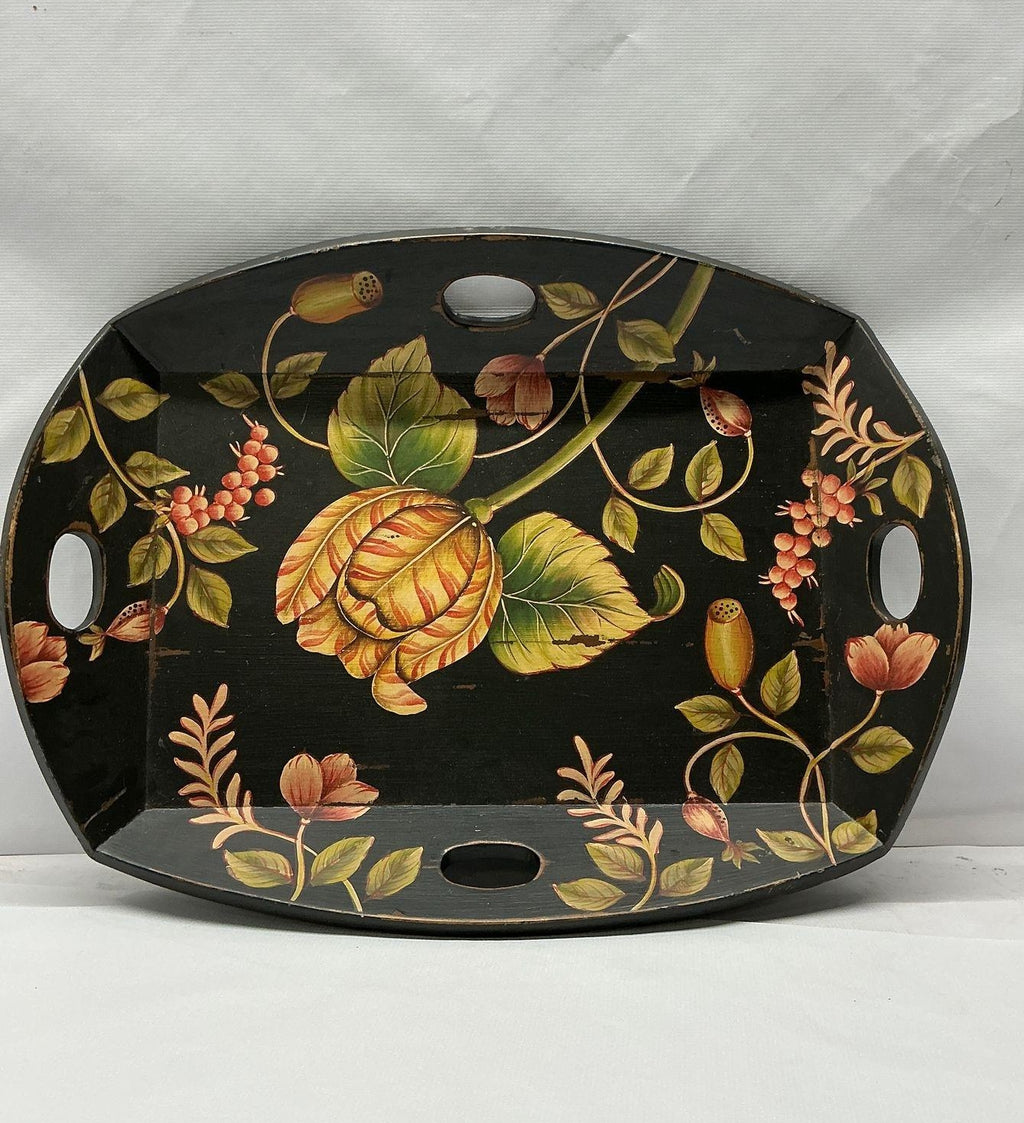 Black Floral Toleware Wooden Gallery Serving Tray
