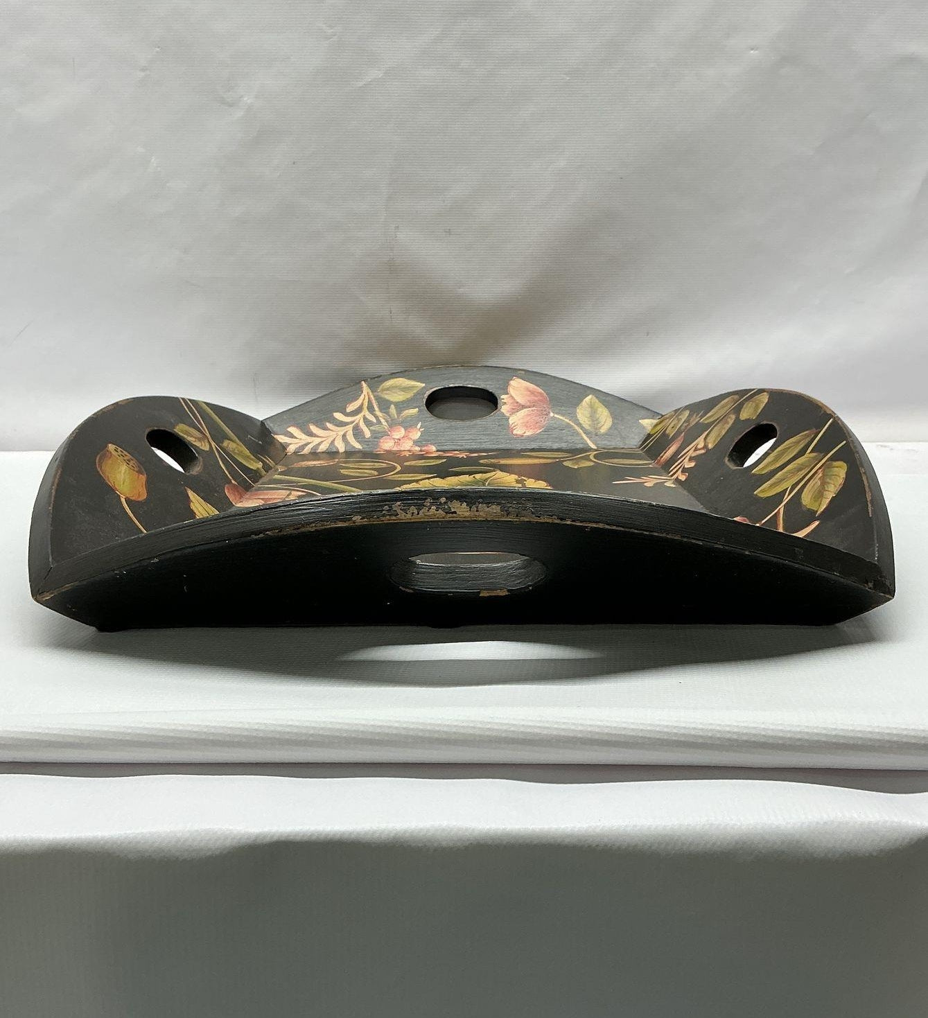 Black Floral Toleware Wooden Gallery Serving Tray