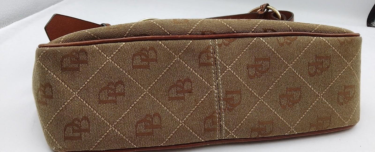 Dooney and Bourke tan DB signature jacquard hobo shoulder bag with brown trim, view 6