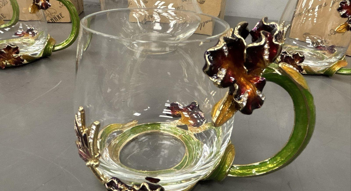 Glass pitcher with lid, four mugs and four spoons decorated with purple and gold enamel irises, in branded boxes, view 4