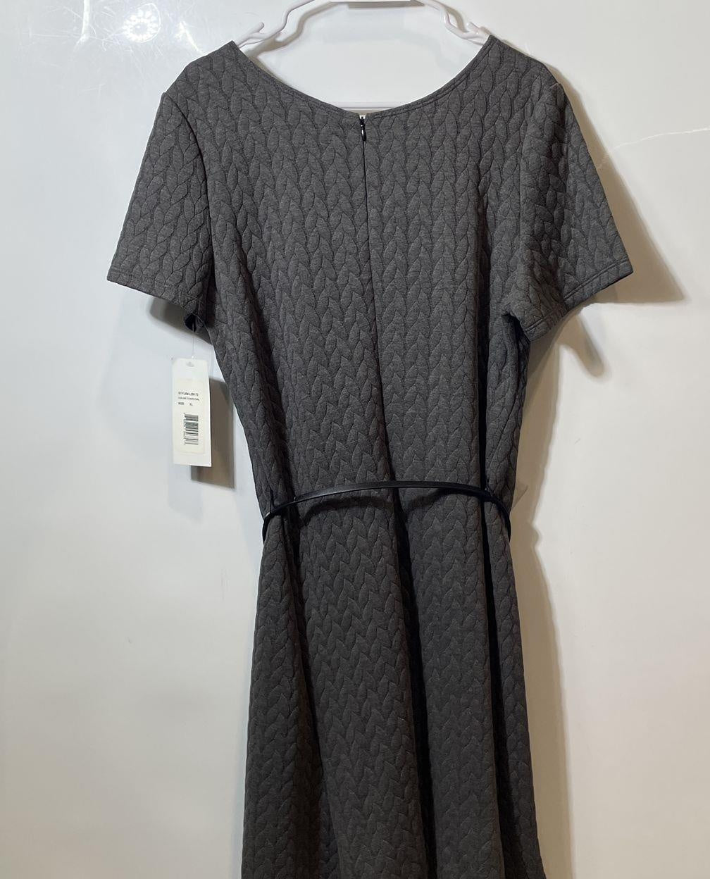 Nina Leonard Charcoal Textured Belted A-Line Dress Size XL NWT